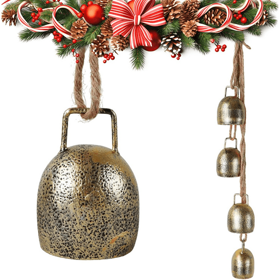 Ninonly Christmas Bell, Gold Cow Bells, 4 Pcs Christmas Bell for Hanging, Vintage Brass Christmas Bells for Christmas Tree, Garland, Wreath Decoration