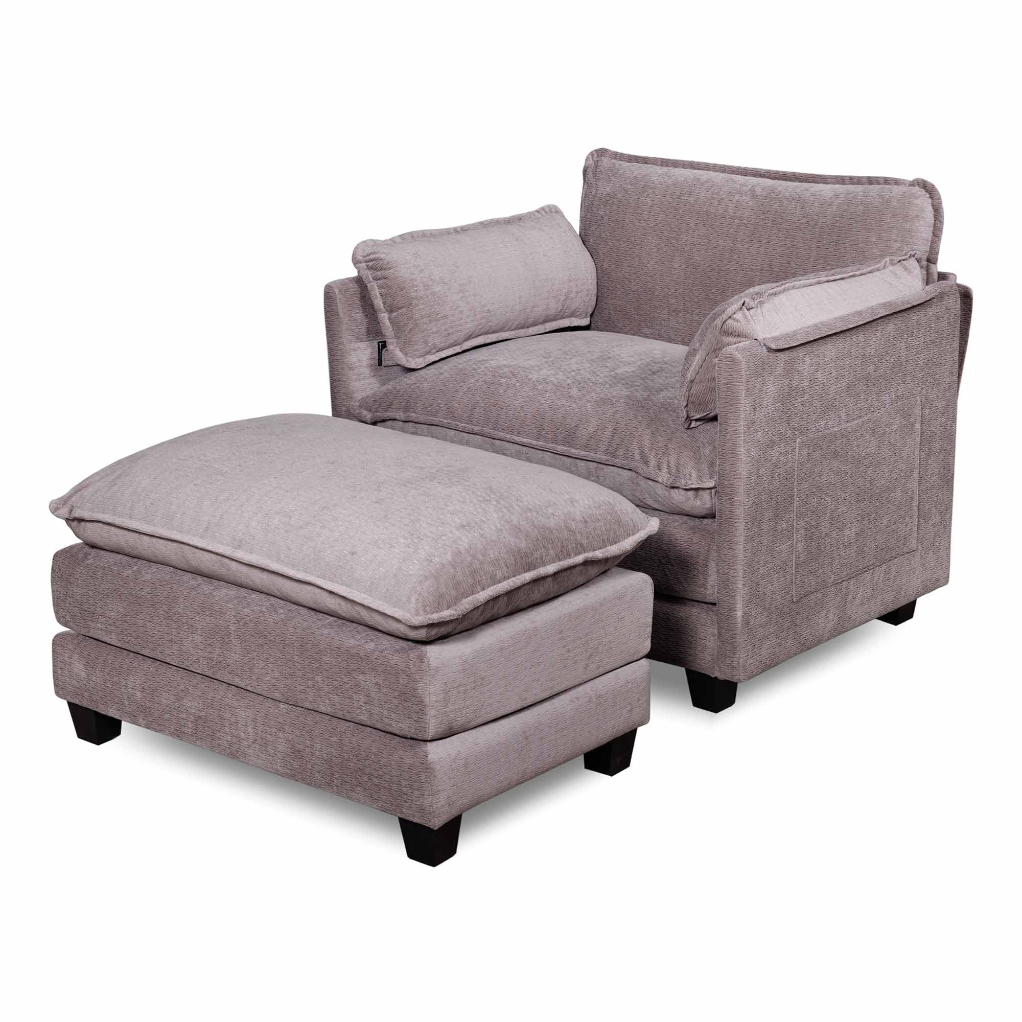 Lunale Oversized Modern Accent Chair with Ottoman, Lounge Reading Armchair, Single Sofa Chair for Living Room, Gray Boucle