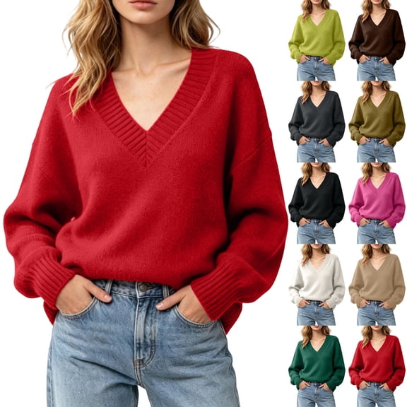 Zormilly Red Sweaters for Women Long Sleeve V Neck Soft Oversized Sweaters Winter Brushed Knit Tops, S-L