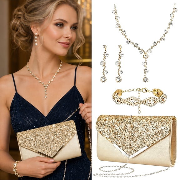 4 Pcs Purse Rhinestone Jewelry Set Prom Jewelry Rhinestone Gold Clutch Purse Bling Necklace Earrings Bracelets for Women