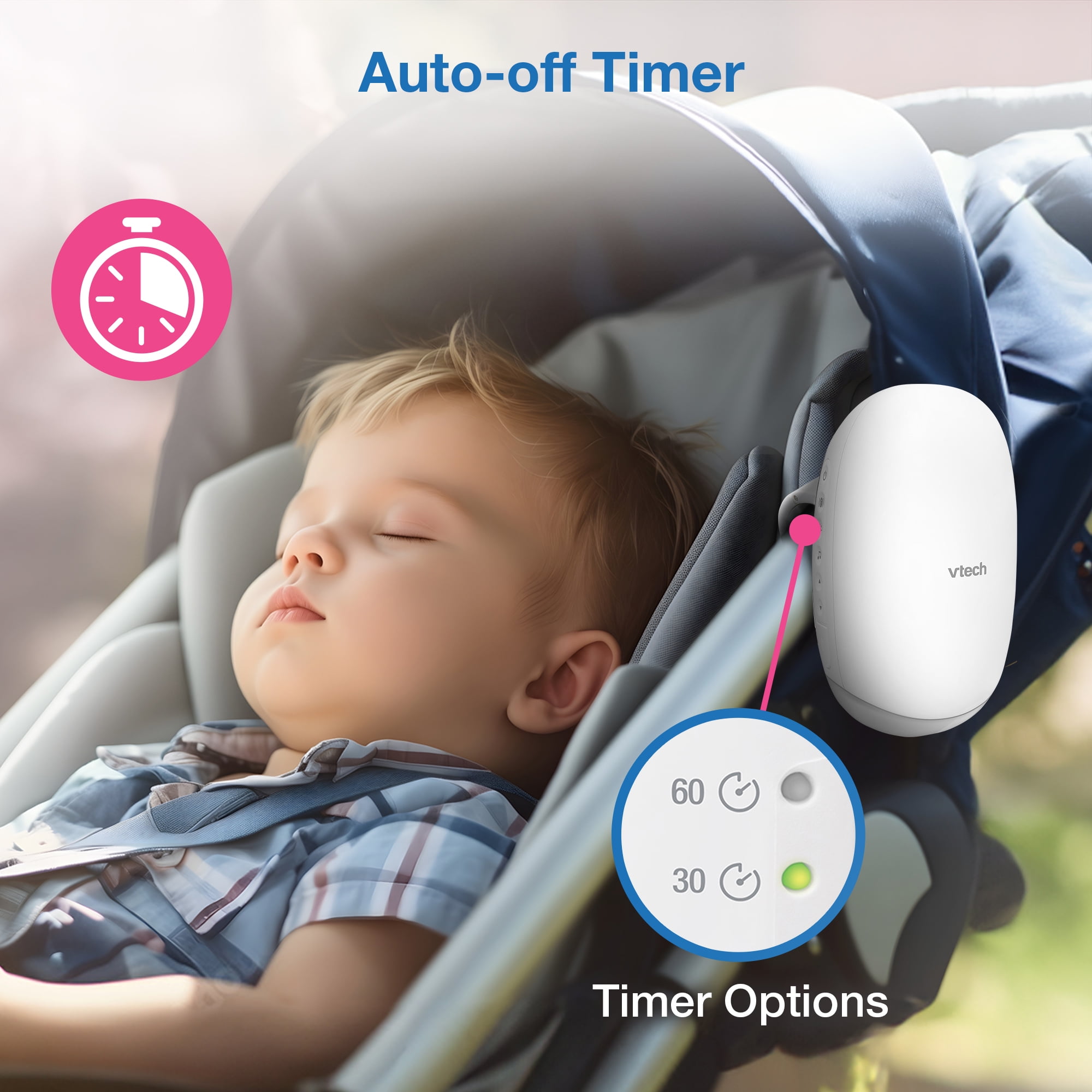 VTech BC8611 V-Hush™ Rocker Sound & Motion Stroller Soother for gentle rocking motion, with Night Light, White, BC8611