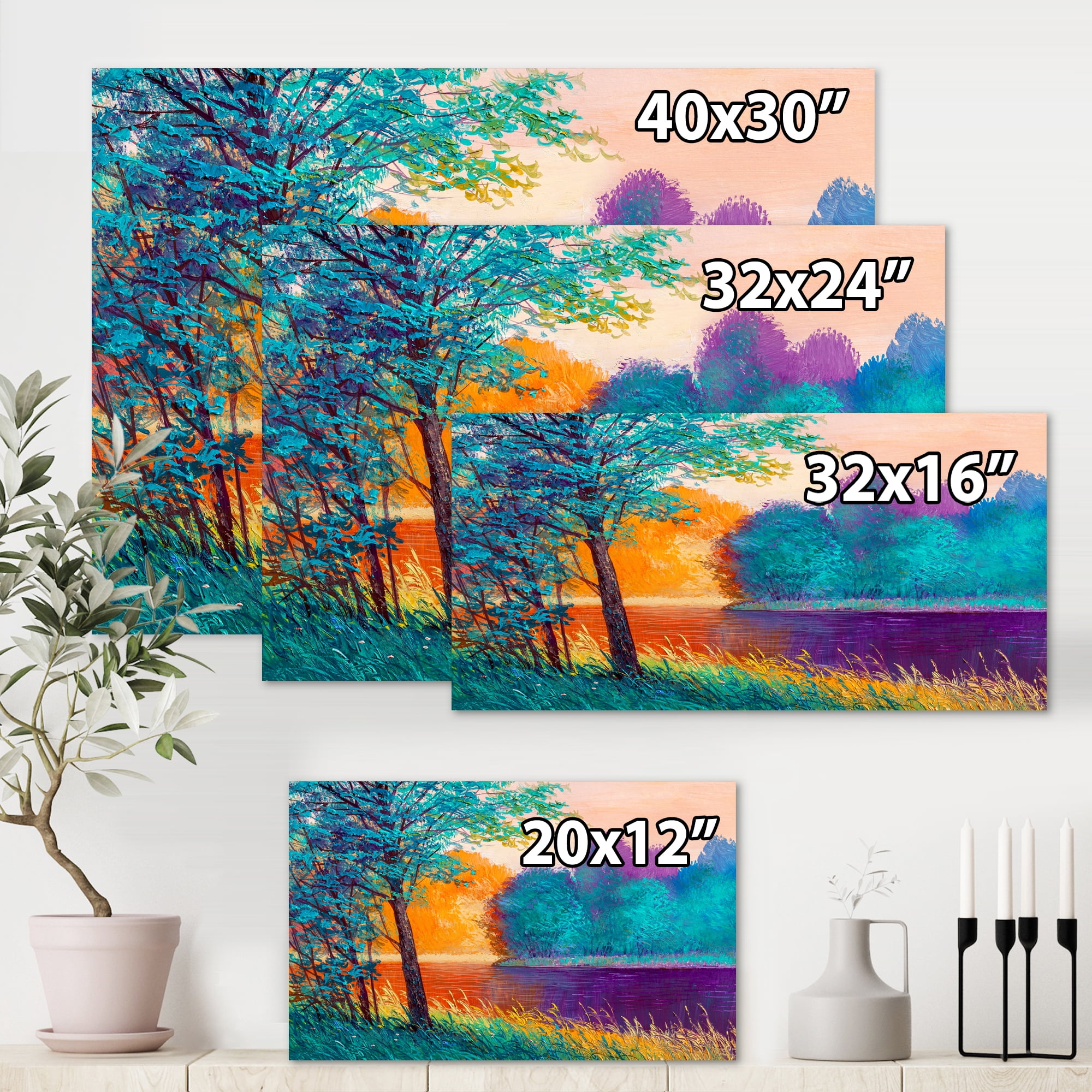 Designart ' Colorful Trees During Twilight Along River ' Traditional Canvas Wall Art Print