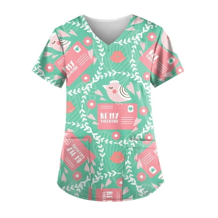 

XHJUN Scrub Tops for Women Clearance Heart Print Valentines Day Fun Scrubs Cartoon Print Casual V-Neck Nurse Trendy Scrubs Green XXXXL