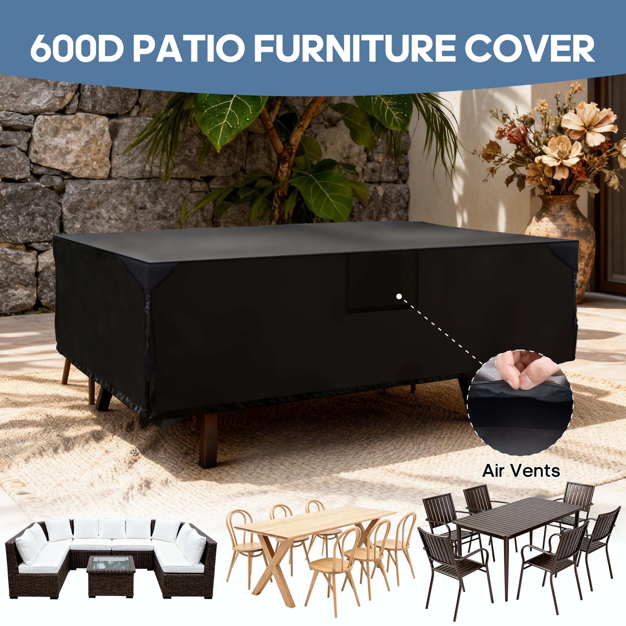 SHOUFTW Rectangular Patio Furniture Cover, 600D Waterproof Outdoor Dining Table & Chair Cover, Heavy Duty, Black