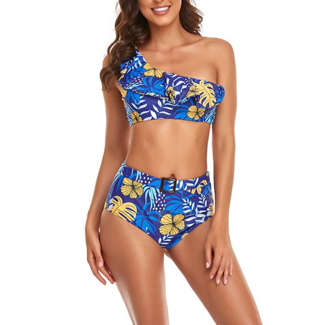Traje de baño de poliéster con cintura alta y control de abdomen, azul/amarillo, para fiestas y spa, conjunto de bikini con volantes florales XL