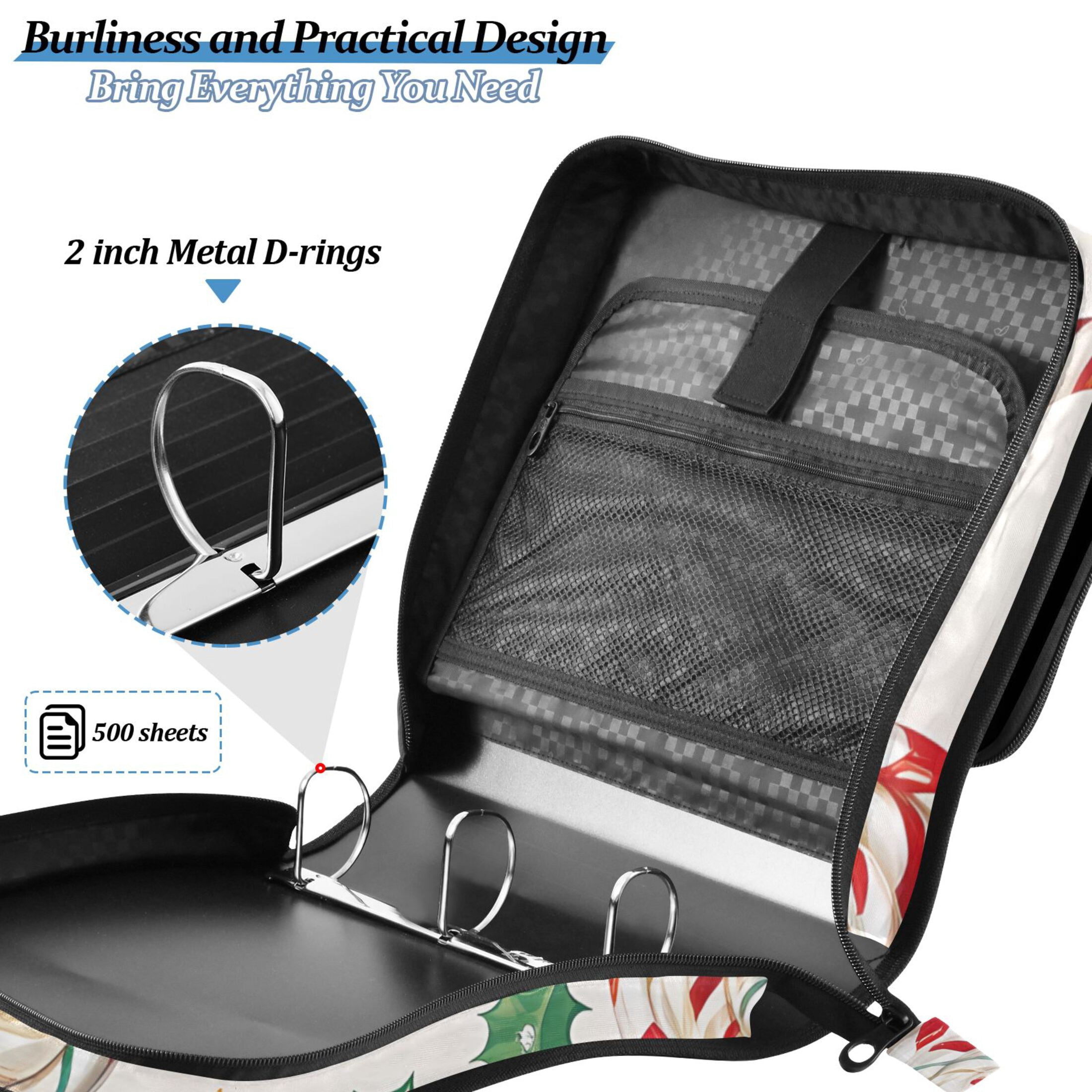 3 Ring Zipper Binder with Shoulder Strap Waterproof Trapper Keeper 2 Inch D-Ring 500 Sheets Capacity Christmas Candy Canes Holly Leaves