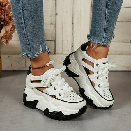 

XWQLWY Women s Chic Platform Wedge Sandals with Breathable Cutout Design Cap Toe and Elegant Strappy Lace-Up Closure