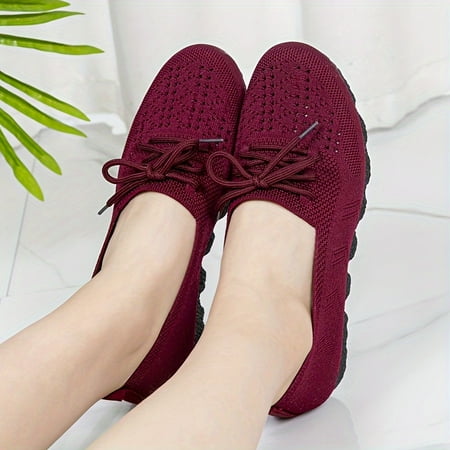 

ASWMXR Women‘s Lace Up Knitted Flat Shoes Solid Color Soft Sole Anti-Slip Loafers Breathable Walking Flats