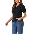 thumbnail image 4 of INSPIRE CHIC Chambray Shirt for Women's Peter Pan Collar Puff Sleeve Vintage Denim Blouse S Navy Blue, 4 of 6