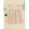 thumbnail image 5 of FEORJGP Toddler Girl Cotton Linen Dress 6M 1T 2T 3T 4T Kids Flying Sleeve Casual Dress Solid Color Round Neck Party Dress Button Decor A-Line Dress Infant Baby Loose Daily Summer Clothes, 5 of 9