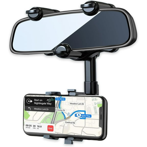 Car Rearview Mirror Phone Holder, 360° Rotating Rearview Mirror Holder, Adjustable Arm Length, Multi-function and GPS Universal for All Smartphones in Cars
