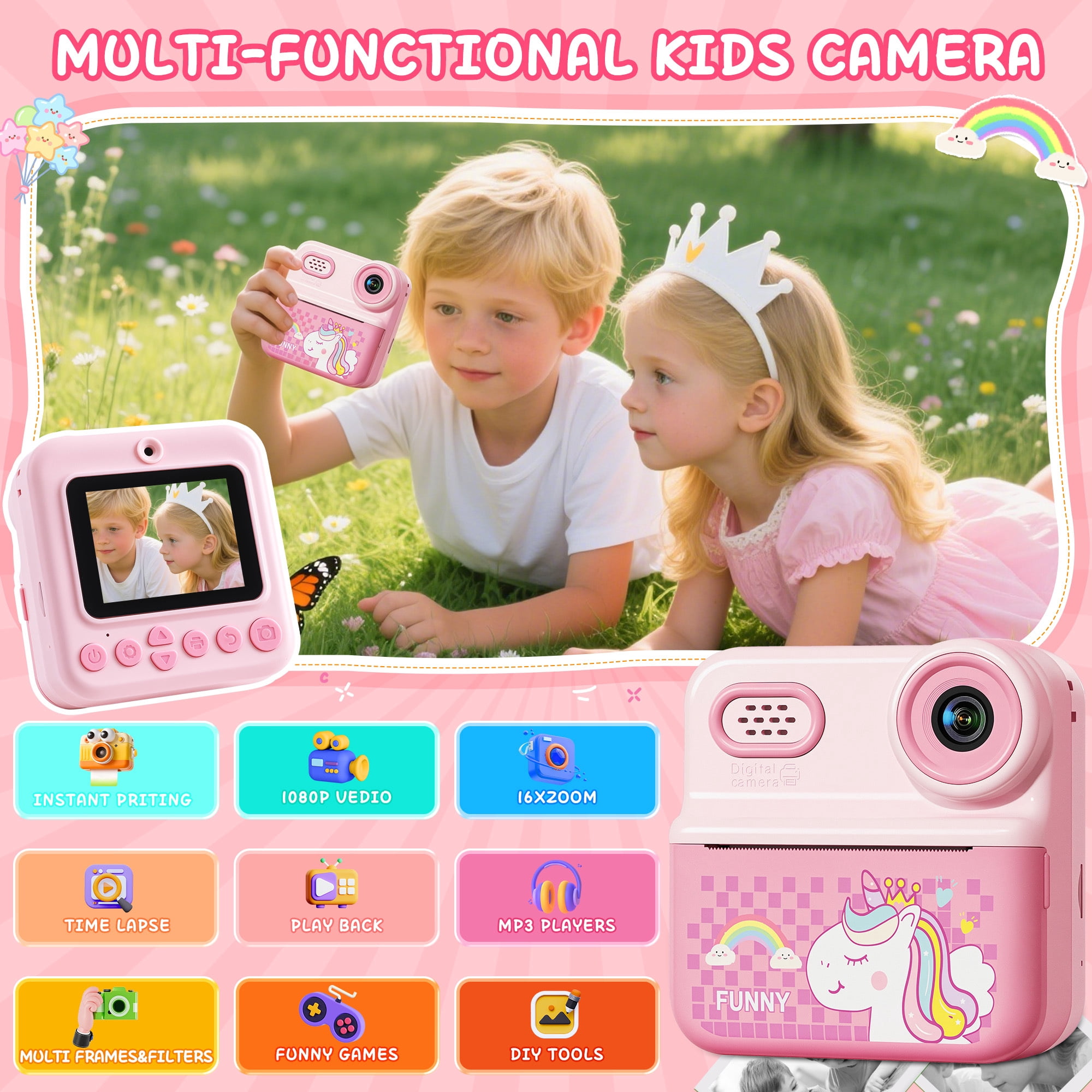 ALLJOY Instant Print Kids Camera with 64GB SD Card 1080P HD Digital Video Camera Toy for Toddler Kids, Christmas Birthday Gift for Girls Ages 3-12