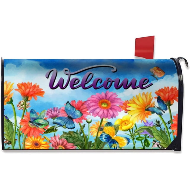 Spring Summer Flowers Mailbox Covers Magnetic - Fluttering Butterflies Spring Magnetic Mailbox Cover Welcome Standard 21" Lx 18" W
