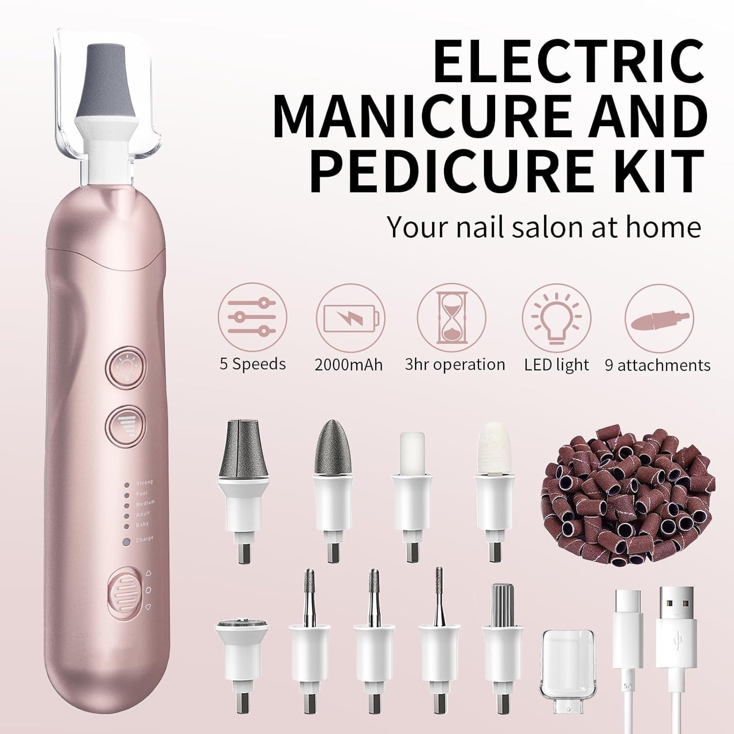 Manicure Pedicure Kit with Case, Professional Nail Grinder for Senior Thick Toenail, Cordless Electric Nail File, 5 Speeds Pedicure Tools for feet Callus Remover, Nail Drill for Women Hand Feet Care