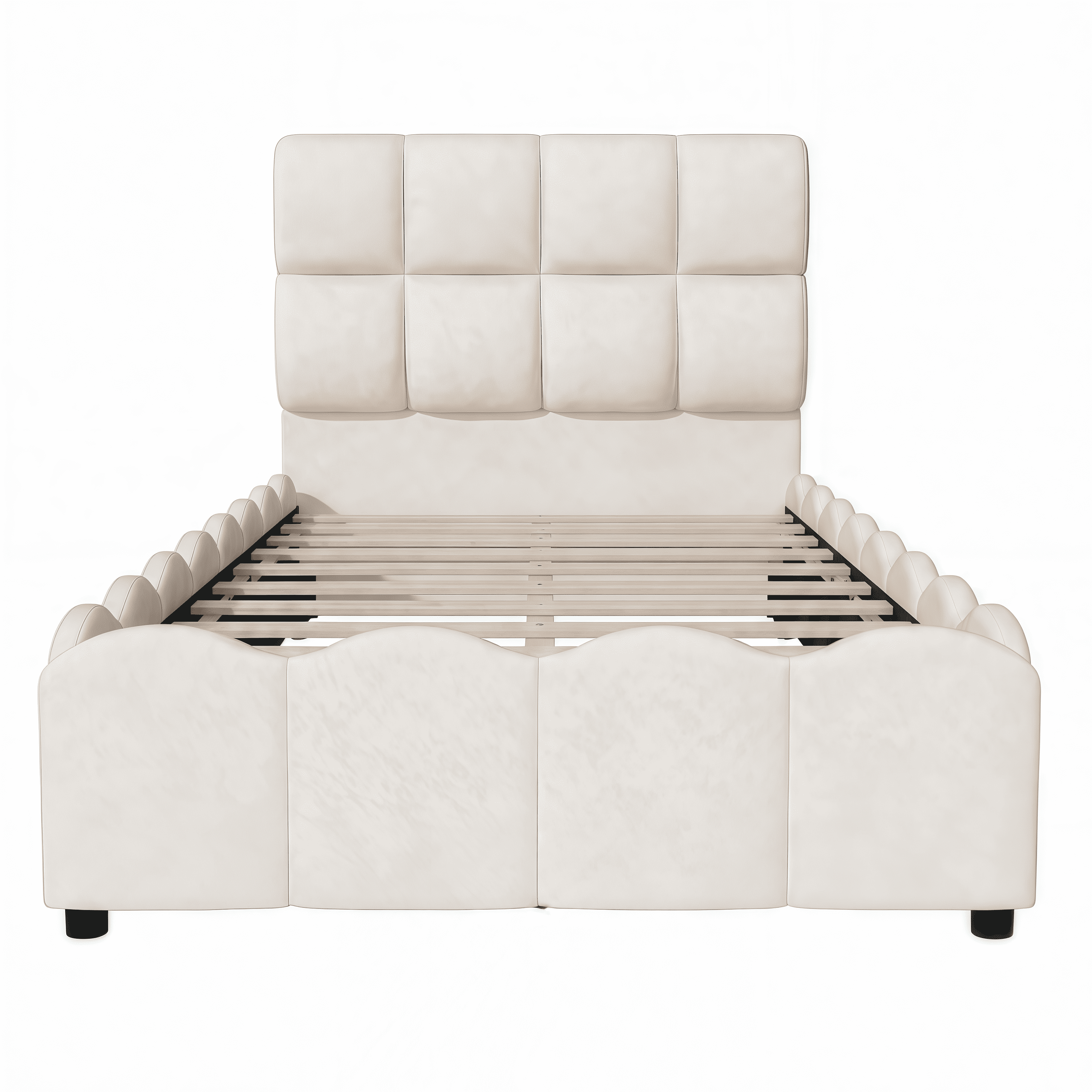 Euroco Upholstery Velvet Twin Size Platform Bed with Tall Panel Headboard, No Box Spring Needed, Beige