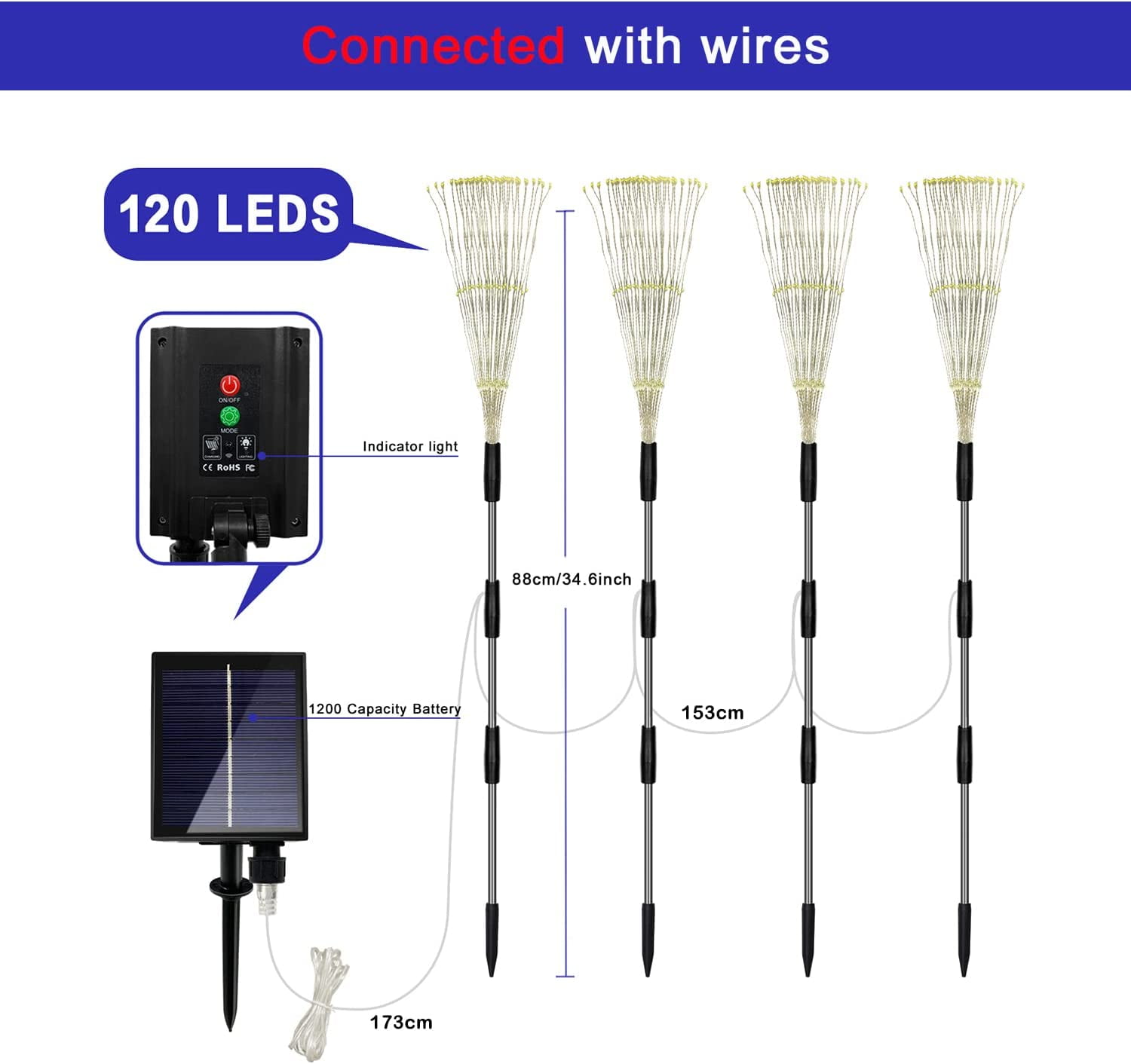 4 Pack Outdoor Solar Garden Lights, 120 LED Wire Waterproof Solar Garden Fireworks Lamp with Remote, 8 Modes Decorative Sparkles Stake Landscape Light for Garden Pathway Lawn Decor (Colorful)