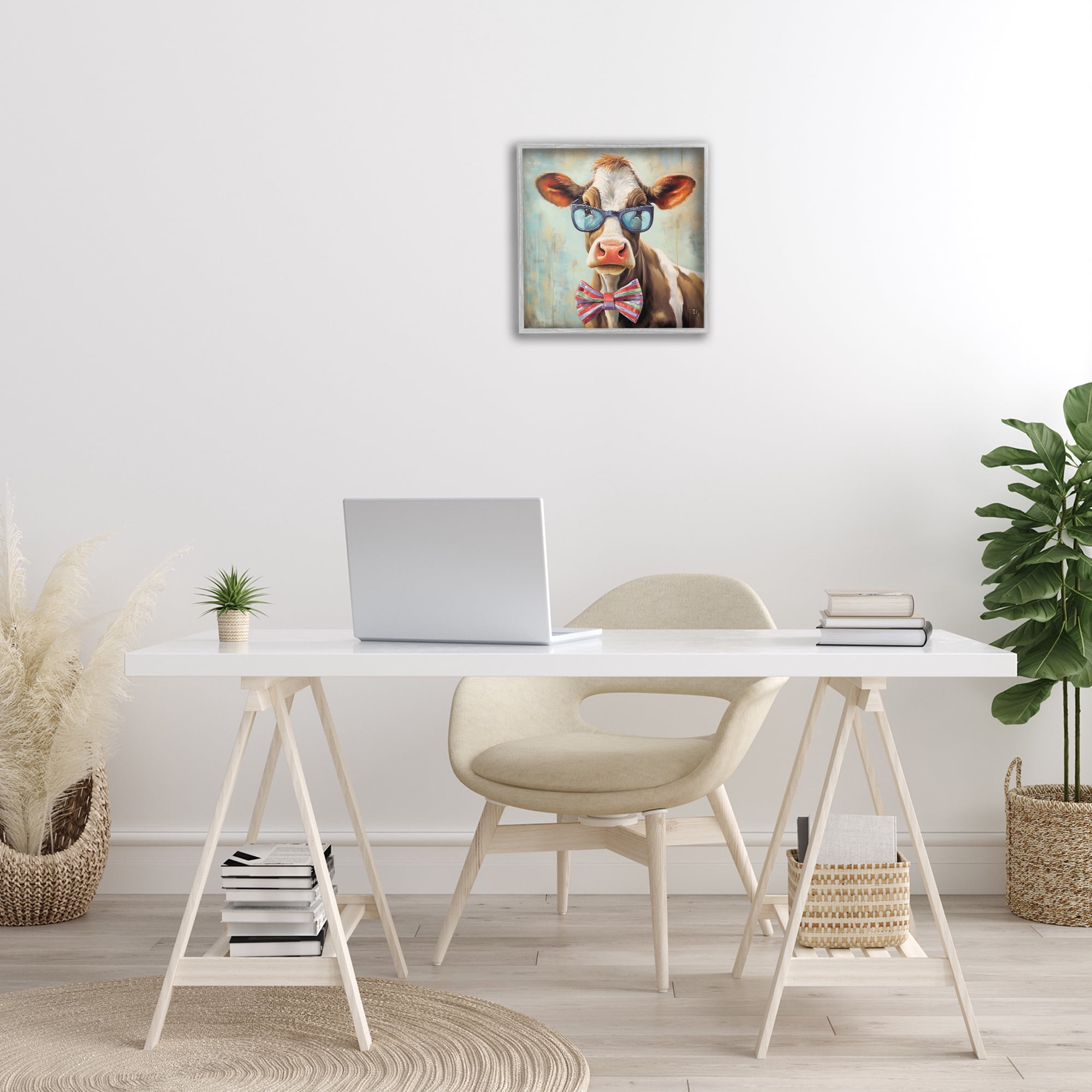 Stupell Industries Hipster Cow with Bowtie Animals & Insects Painting Gray Framed Art Print Wall Art, 17 x 17