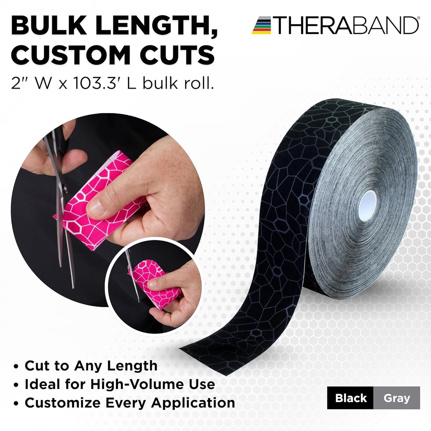 THERABAND Kinesiology Tape, Black/Gray, 2'' X 103.3 Foot Bulk Roll, with XactStretch Indicators, Long-Lasting Athletic Tape for Shoulder & Knee, Latex-Free Sports Tape, Water Resistant, Cut-to-Length
