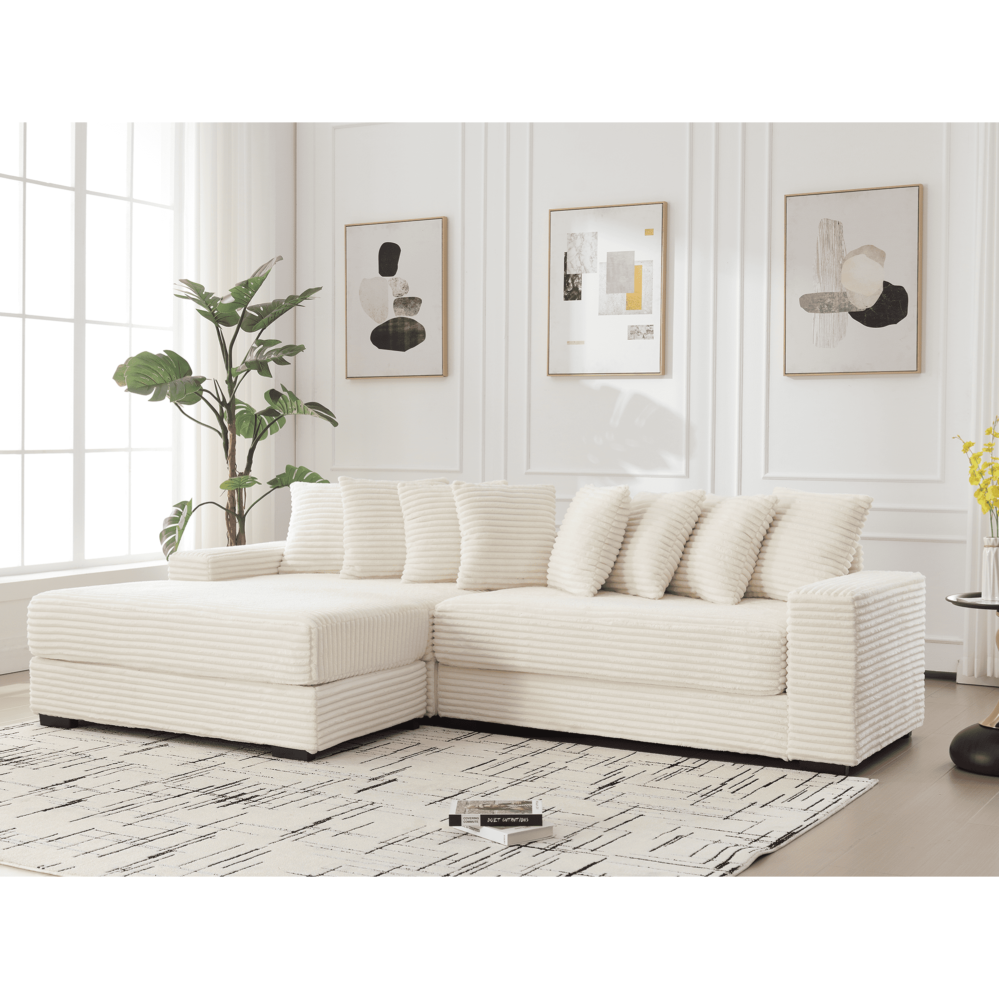 AISWORD 111" Oversized 3-Seat L-Shaped Sectional Sofa with Left Chaise, Luxury Corduroy Fabric Modular Couch with 8 Throw Pillows, Easy Assembly for Living Room