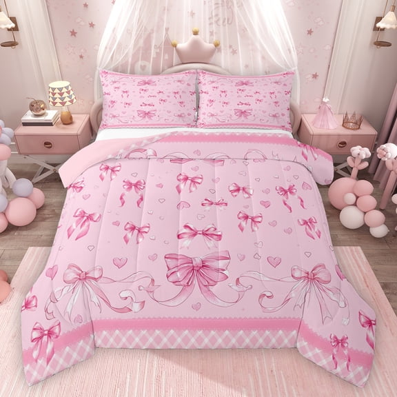 Feelyou Cute Pink Ribbon Bedding Comforter Set for Kids, Cartoon Love Heart Twin Comforter Sets, Dreamy Princess Style Reversible Bedding Set, Lightweight Room Decor, 2pcs