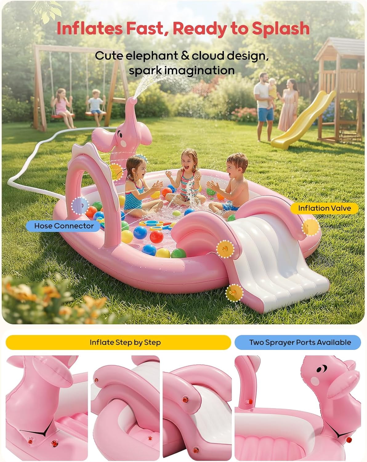 Elephant Kids Pool with Slide and Sprinkler, Inflatable Play Center with 4 Rings, 72 × 64 × 37 in, Fast Inflation Kiddie Pool for Garden & Backyard, Birthday Gift for Ages 1+ (Pink)