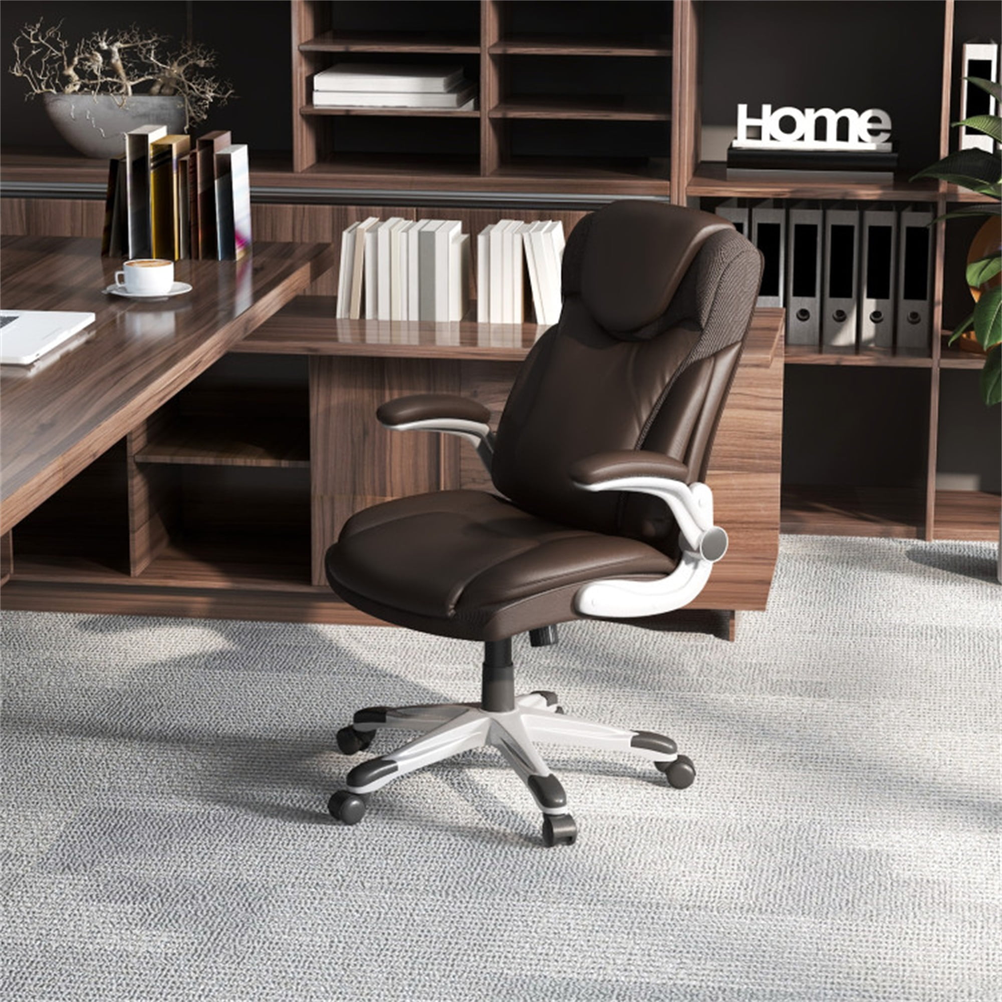Demi Bonn Ergonomic Office PU Leather Executive Chair with Flip-up Armrests and Rocking Function, for Home, Bedroom, Study, Brown