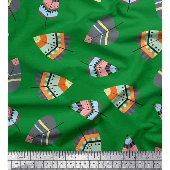 Soimoi Green Japan Crepe Satin Fabric Tribal Leaves Print Sewing Fabric Yard 44 Inch Wide