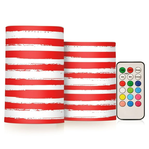 ALAZA Red and White Stripes 2 PCs LED Flickering Flameless Candles with Remote Timer Battery Operated Candle