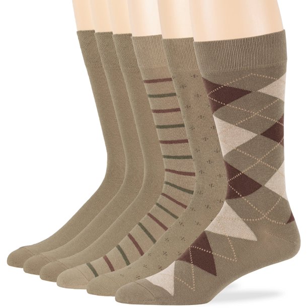 Mens Cotton PatternedSolid Assorted Socks, Khaki, Large 1013, 6 Pack