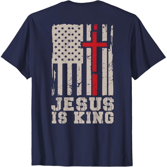 Men's Faith-Inspired Distressed Flag Cross Jesus Is King Graphic T-Shirt for Spiritual Wear