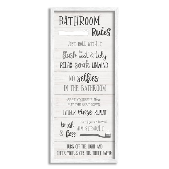 Stupell Industries Bathroom Rules Sign Toilet Paper Fun Phrases Graphic Art White Framed Art Print Wall Art, 10x24, by Natalie Carpentieri
