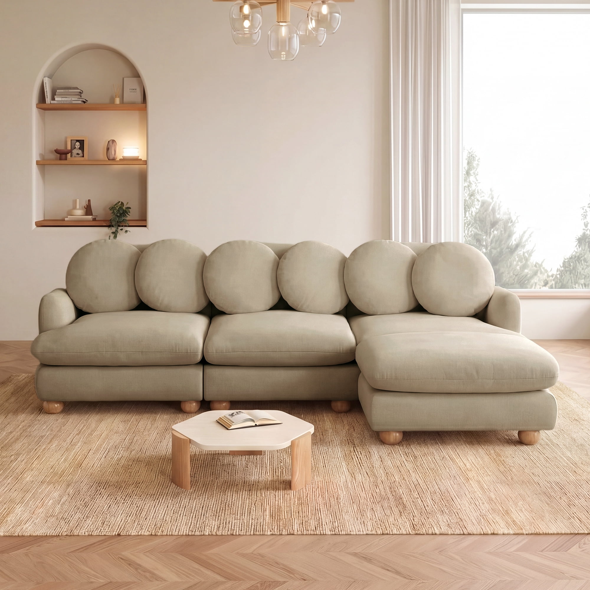 95" L-shaped 4 Seater Comfy Chenille Modular Sectional Sofa Couch with 6 Throw Pillows and Ottoman