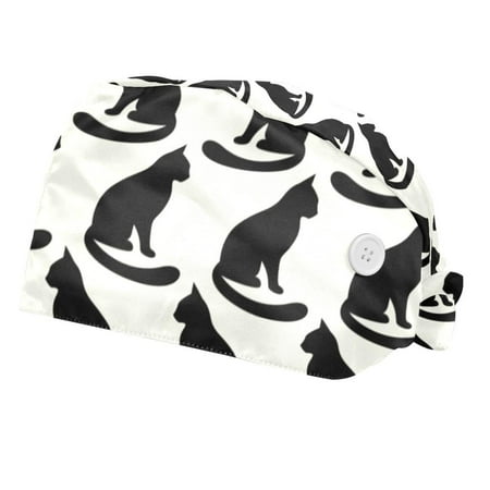 

2PCS Working Cap with Buttons and Sweatband Adjustable Tie Back Hats Bouffant Caps Animal Cat Scrub Turban Hat