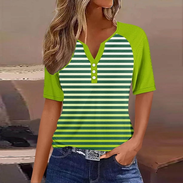 Fiudx Ofertas Flash Del Día Solo En Línea Top de Manga Corta con Cuello En V y Estampado de Rayas Degradado de Color Sólido con Botones para Mujer