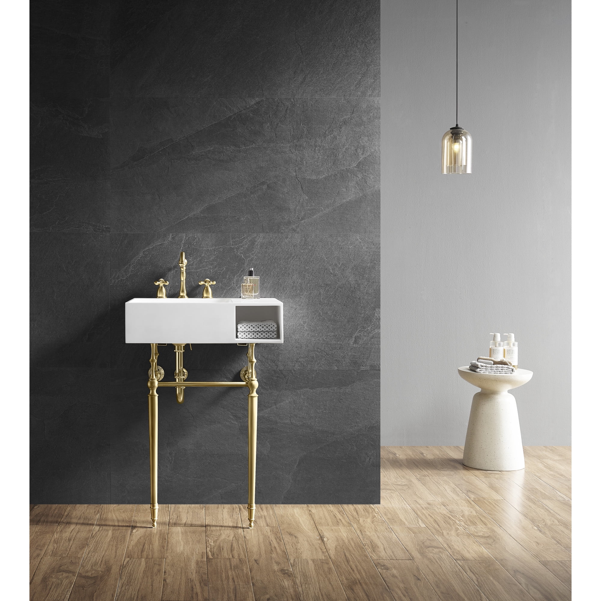 Kingston Brass KVPB3248SQA7 Aurelius 24-Inch Solid Surface Console Sink with Brass Legs (8-Inch, 3-Hole) in Matte White/Brushed Brass