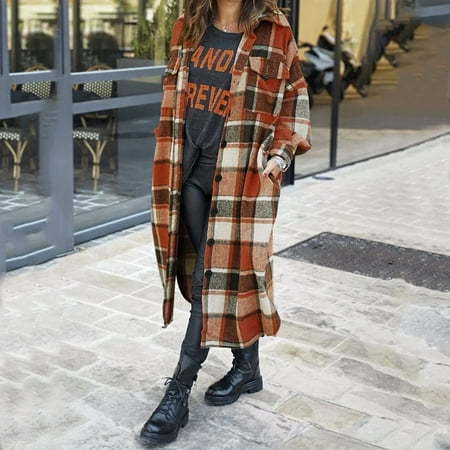 Mikilon Womens Plaid Long Wool Blend Coat Shacket Jackets Long Sleeve