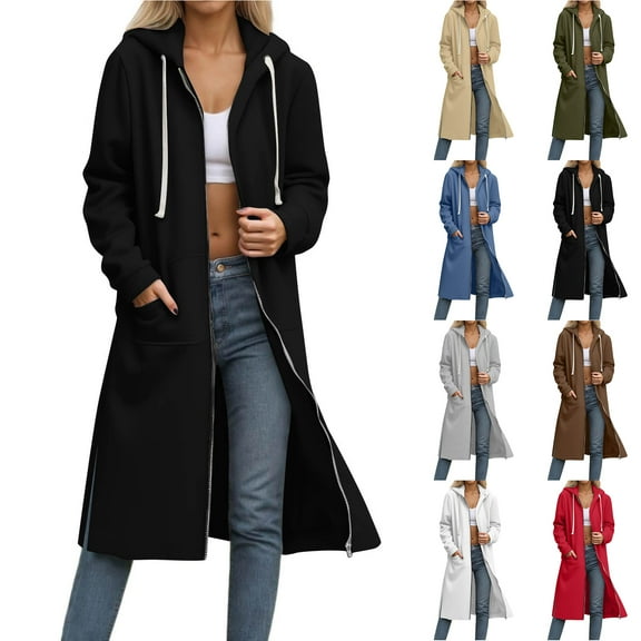 Otntypg Full Zip up Hoodies for Women Lightweight Casual Long Sleeve Hooded Trench Coat Trendy Basic Zipper Side Slit Loose Fit Drawstring Athletic Long Sweatshirts with Pockets Beige S