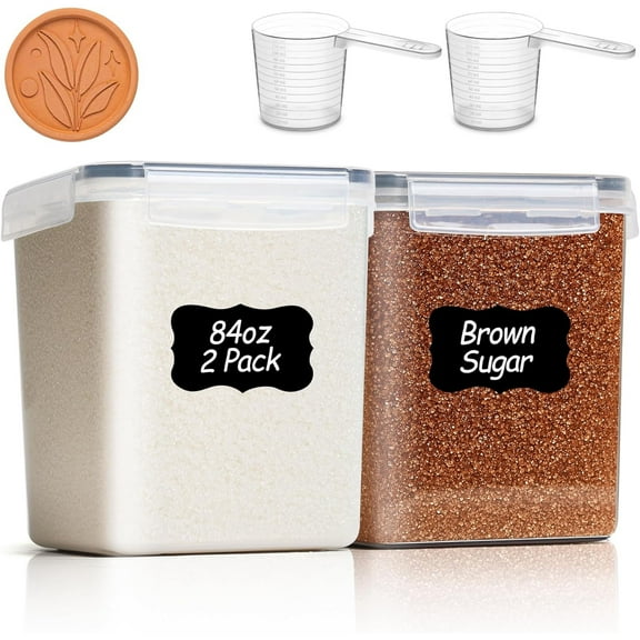 Brown Sugar Container Set of 2 (2.5L/2.6Qt), Airtight Food Storage Containers with Lids and Terra Cotta Brown Sugar Saver, Plastic Canisters Sets for Kitchen, Pantry Organizer for Flour, Baking