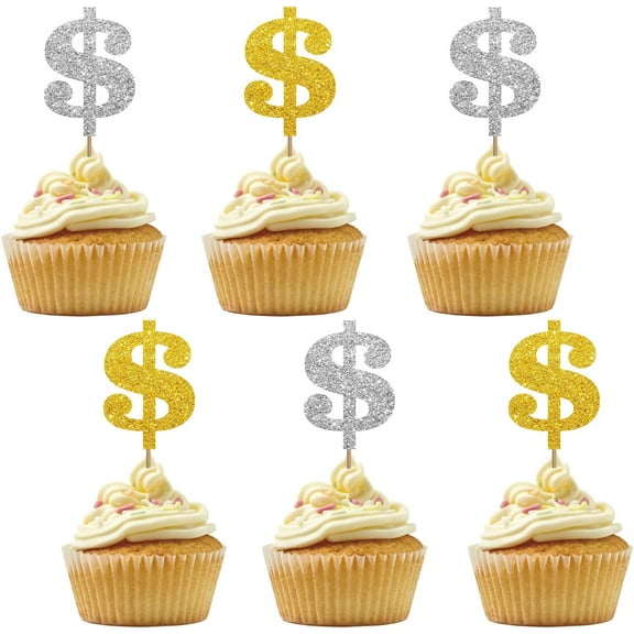 12pcs Dollar Note Cupcake Toppers, Silver&Gold Glitter Dollar Sign Cupcake Picks, Casino Wedding Birthday Cake Decorations, Casino Night Poker Theme Party Supplies