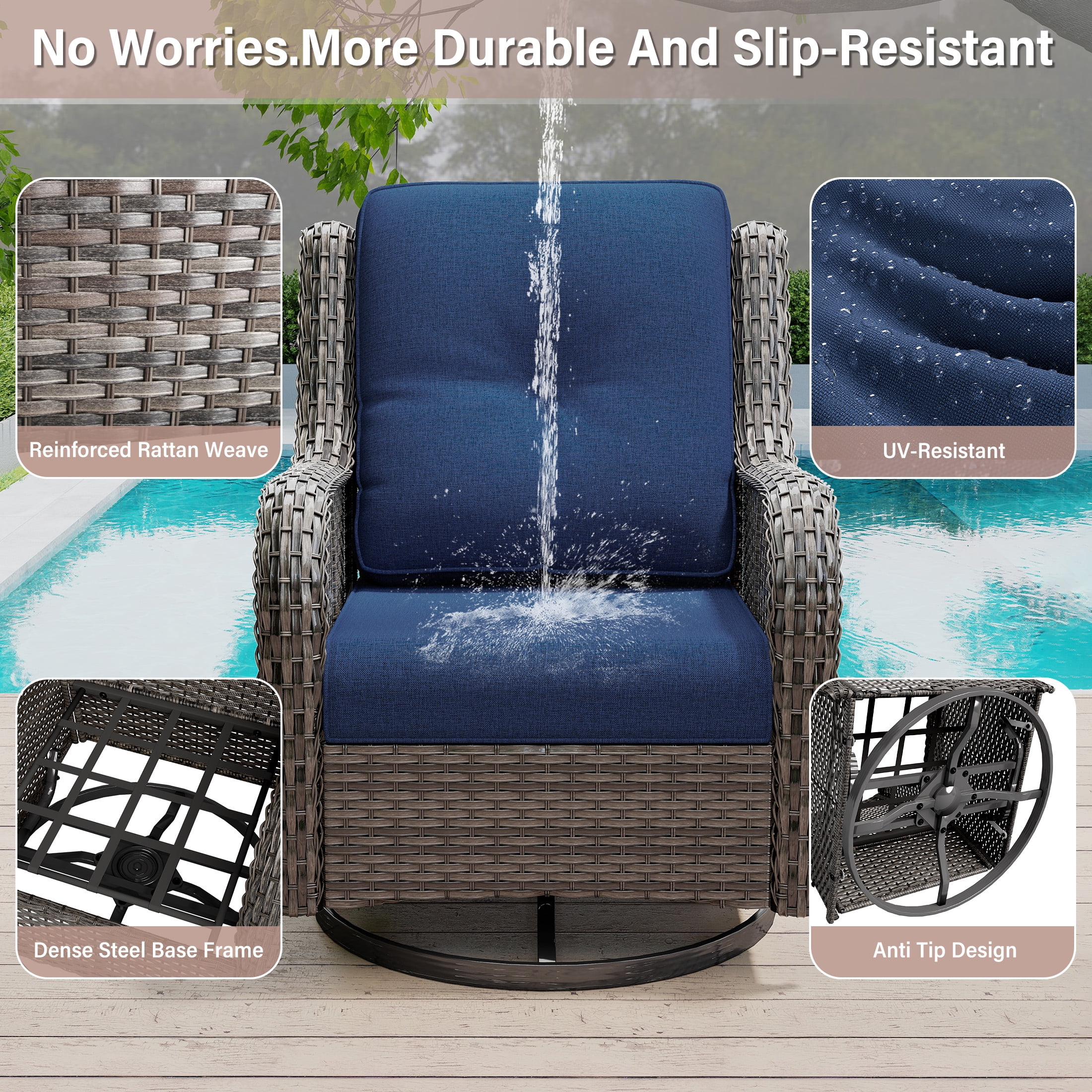 MeetLeisure 11 Piece Wicker Patio Furniture Set, Outdoor Swivel Rocker Chairs, Patio Sofa 3-Seat, High Back, Deep Seating, Wide Armrest, Thick Cushions for Deck Porch, Dark Blue