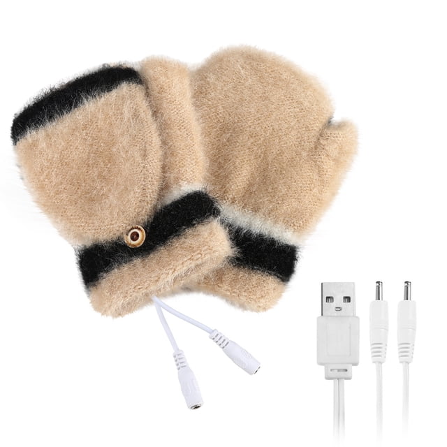 Mitaines Chauffantes USB pour Ordinateur Portable Femme Doigts Complets et Demi-Doigts Tricotés Chauds d'Hiver