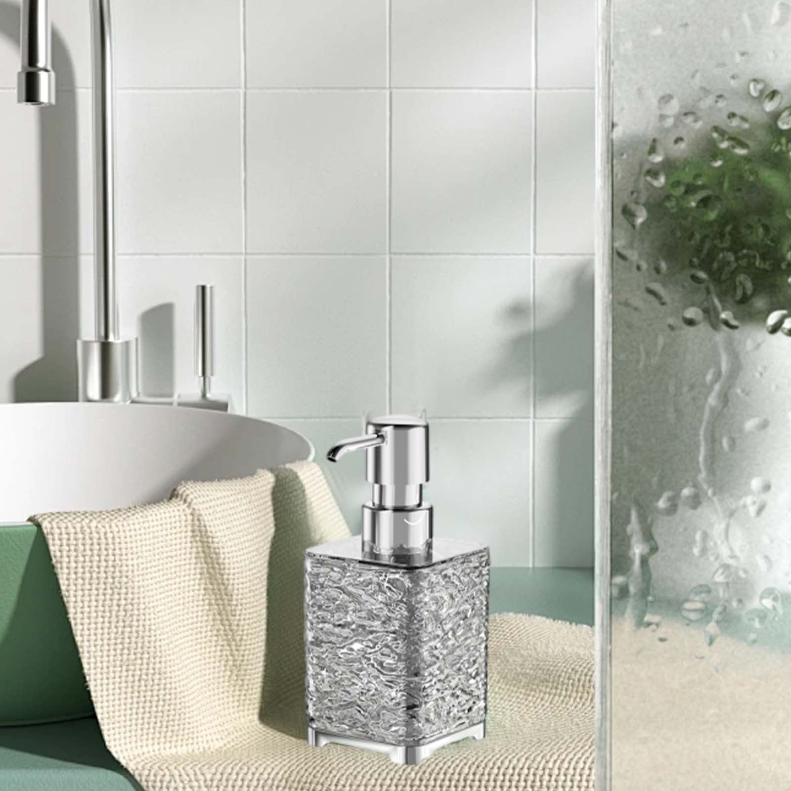 Glass Foaming Soap Dispenser with Silver Pump, Vintage-Inspired Modern Glass Refillable Bottle for Bathroom Vanity Countertop and Kitchen