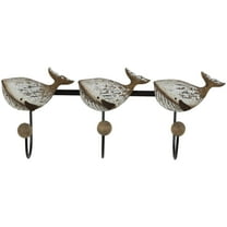 DecMode 18" x 8" Beige Wood Handmade Distressed 3 Hanger Whale Wall Hook with Black Metal Accents and Wood Ball Details, 1-Piece