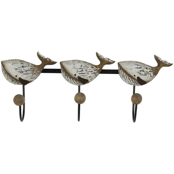 DecMode 18" x 8" Beige Wood Handmade Distressed 3 Hanger Whale Wall Hook with Black Metal Accents and Wood Ball Details, 1-Piece