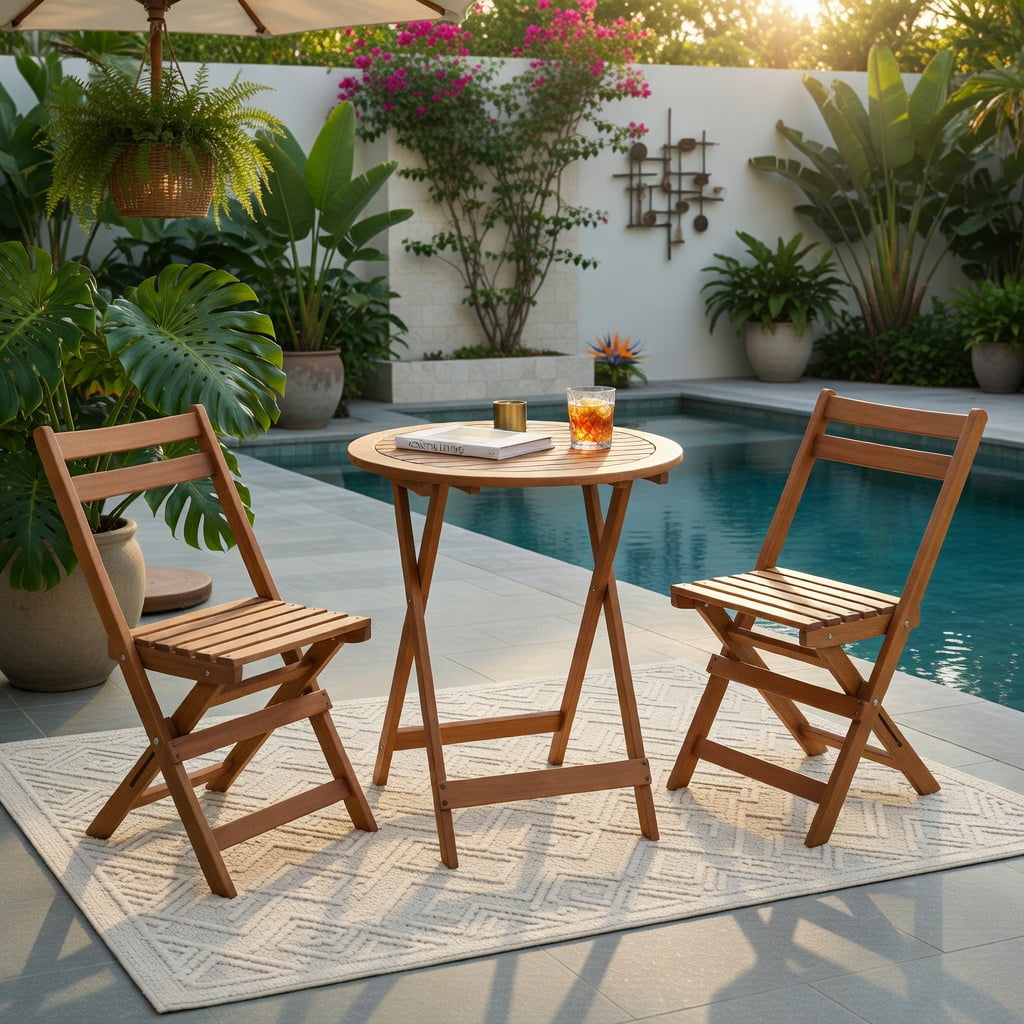 Hommoo 3-Piece Foldable Acacia Wood Patio Bistro Set, Slatted Table & Comfort-Curved Chairs for Poolside, Garden & Small Outdoor Spaces, Natural