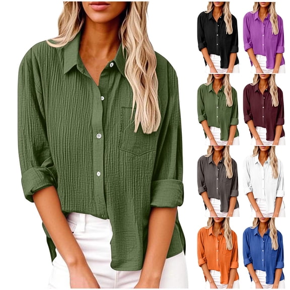 Feancey Womens Button Down Gauze Shirt Roll Up Long Sleeve Linen Blouses Dressy Casual Business Work Tops Loose Fit Summer Beach Shirts Black L