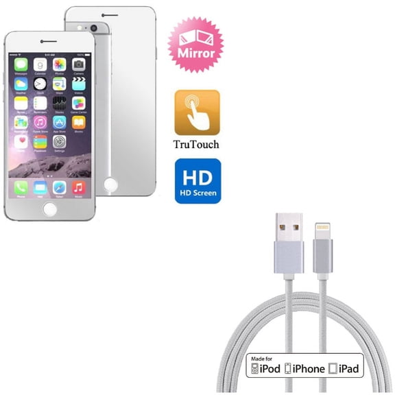iPhone 8/7/6S/6 - 6ft MFi USB Cable w Mirror Screen Protector - Certified Charger Cord Power Wire Braided, Film Display Cover for iPhone 8/7/6S/6