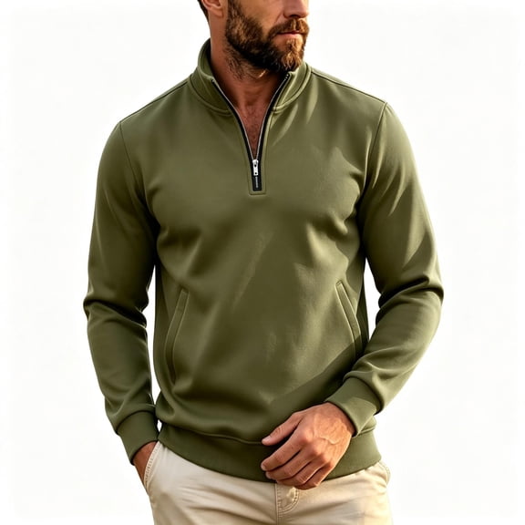 TKKCS Mens Quarter Zip Pullover Sweatshirt Long Sleeve Casual Lounge Stand Collar Regular Fit Hoodless Sweatshirt with Pockets Army Green S