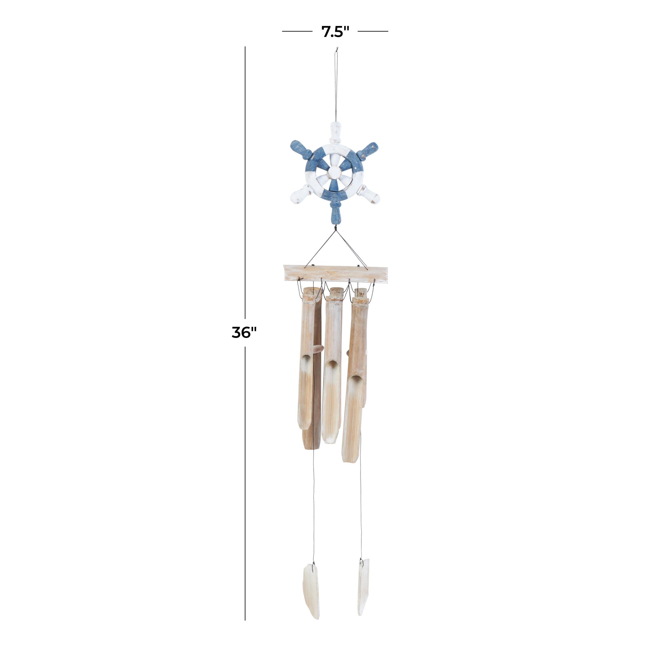 DecMode 36" Blue Bamboo Wood Handmade Ship Wheel Windchime with Log Chimes