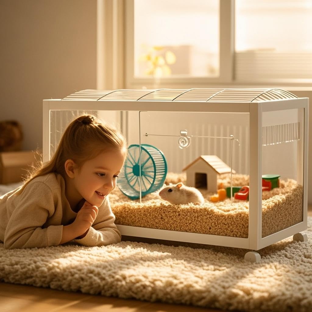 Hamster Cage,360° Viewing Transparent Hamster Habitats with Universal Wheels,Chew-Proof Dual Door Small Animal Habitat, Portable Hamster House for Rats, Guinea Pigs